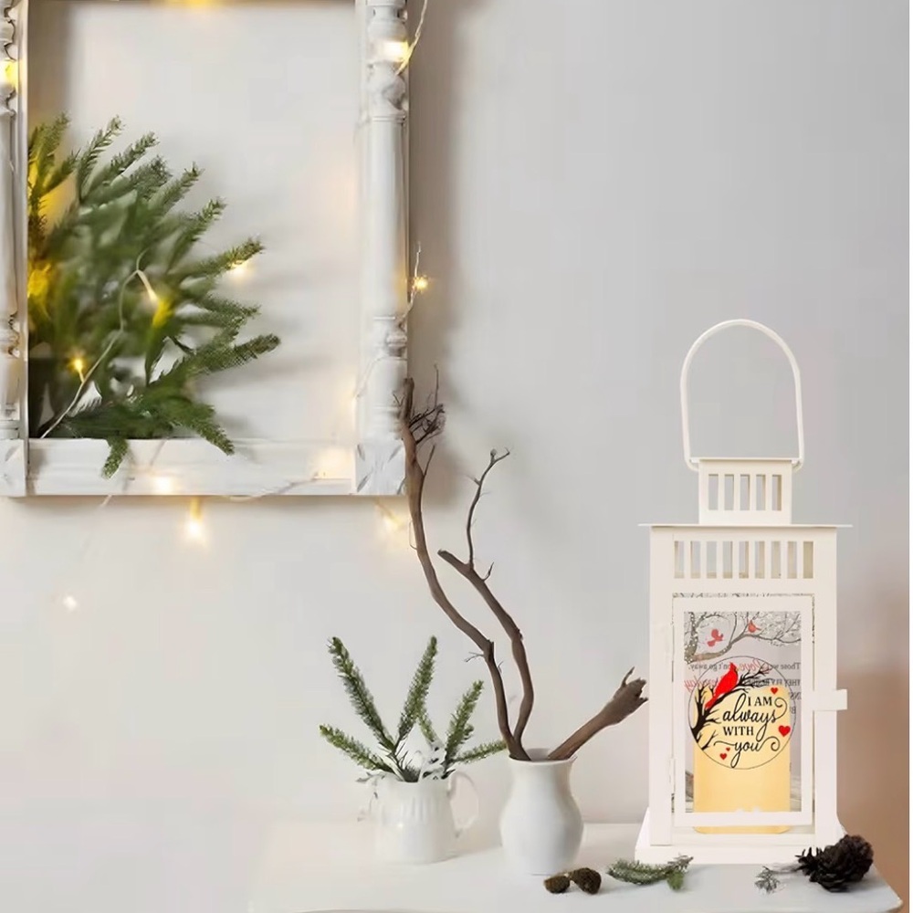 White Memorial Lantern with flickering LED candle - Picture 3 of 11